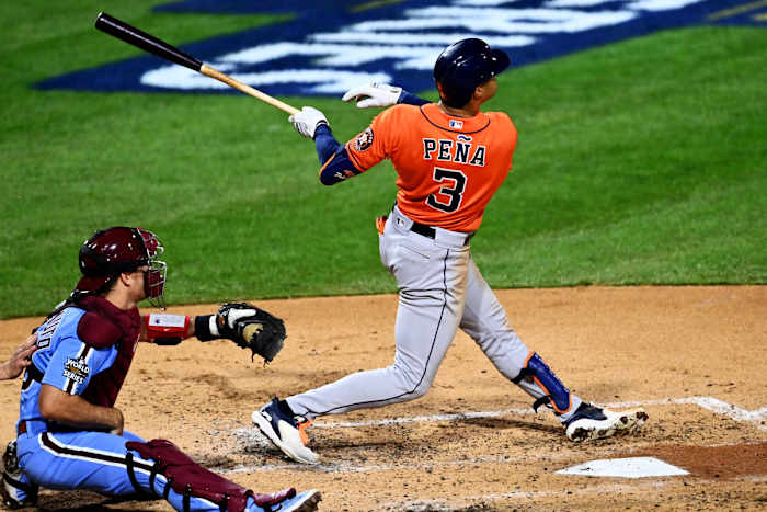 Astros shortstop Jeremy Peña rips a go-ahead solo home run in Game 5 of the 2022 World Series.